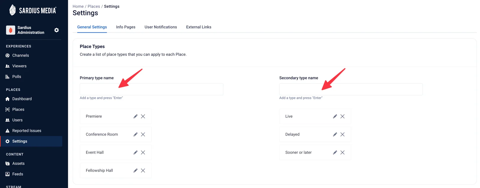 Manage Places Settings