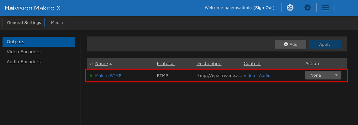 Outputs list showing a green dot next to the RTMP output