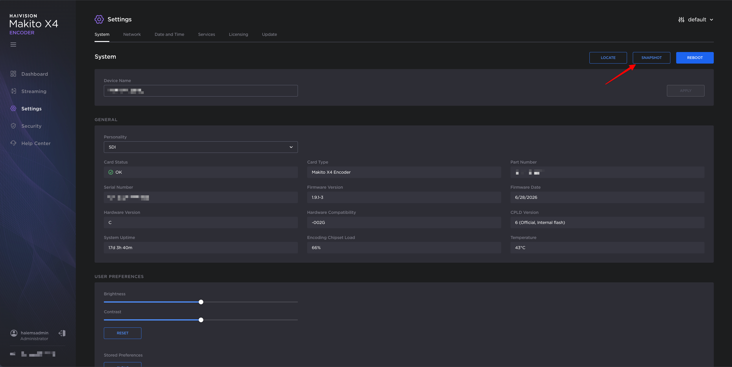 Click Snapshot on the System tab