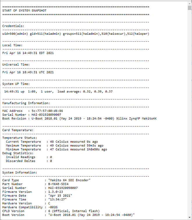 Example of a completed system snapshot
