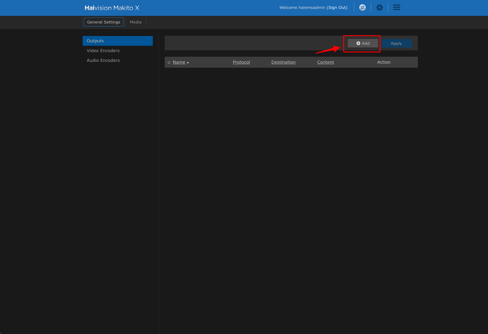 Outputs page with the Add button
