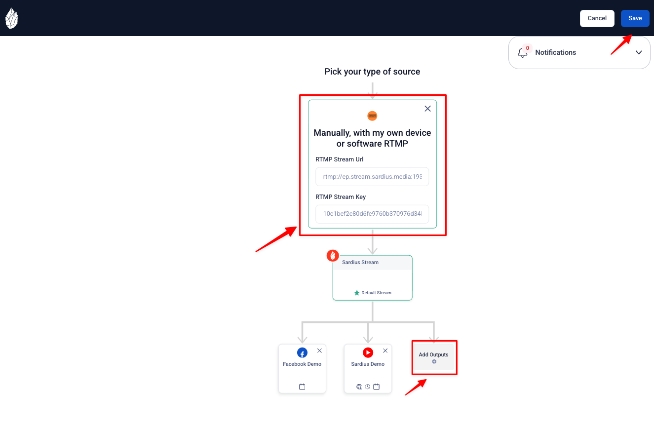 RTMP Stream URL and Stream Key on the source card