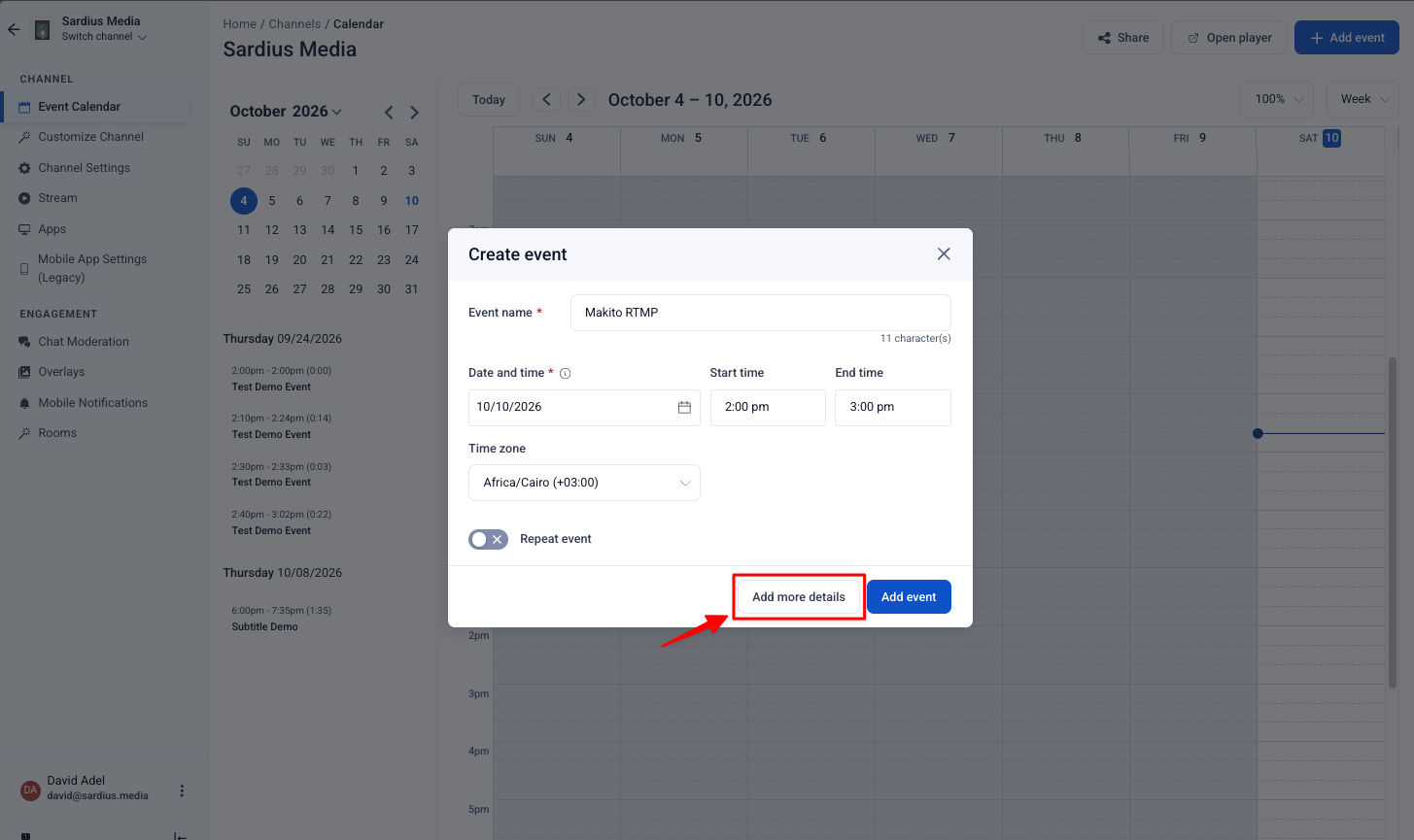 Create event window with Add more details button