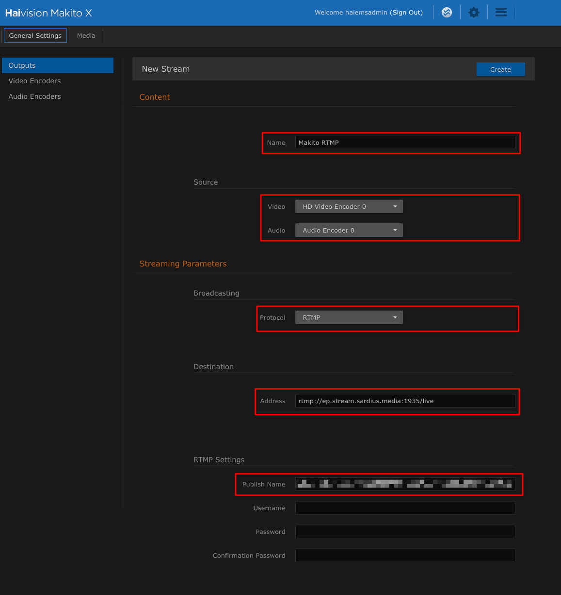 New Stream form with RTMP settings